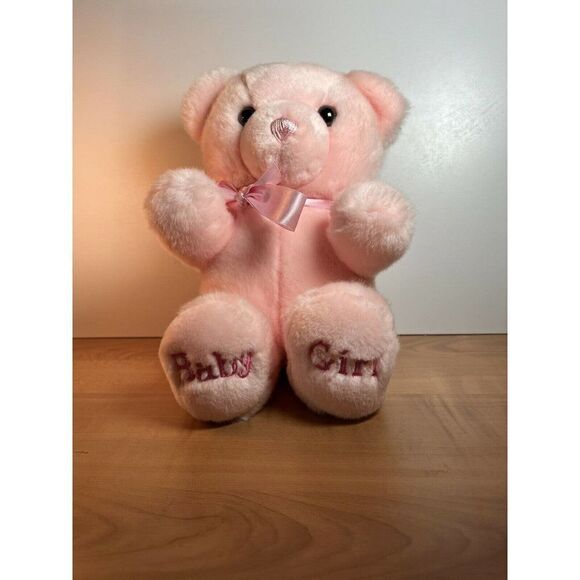 Aurora Baby Girl Pink Teddy Bear Plush Animal Bow 9 Inches Sitting Sewn Nose - Picture 2 of 9